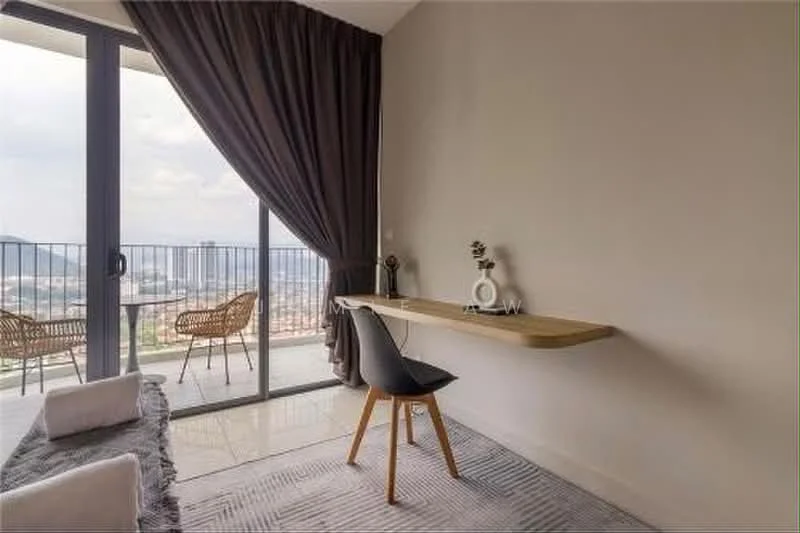 Study features: wooden wall-mounted desk, black chair with wooden legs, grey area rug, floor-to-ceiling windows, curtains in dark brown, decorative item on desk, city view from window, neutral painted walls, tile flooring; style: modern; view: city.