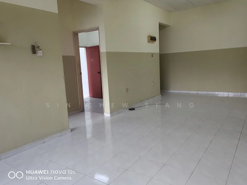 Room features: white painted walls, cream painted walls, glossy ceramic tile flooring, single door, door frame, light switch, air vent, window, baseboards.
