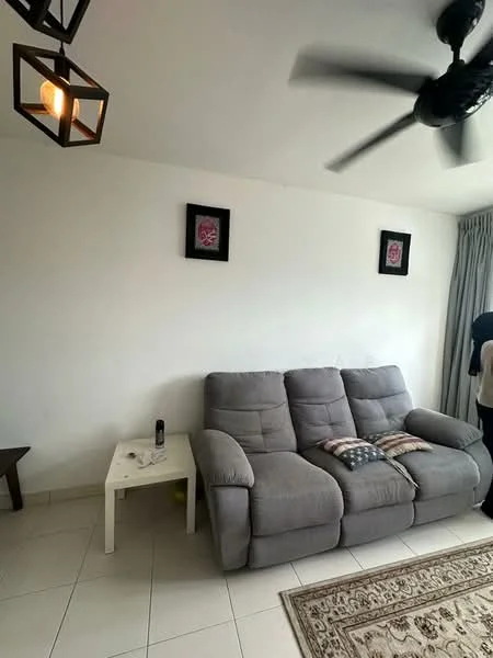 Living features: 3-seater fabric sofa in grey, decorative throw pillows, white painted walls, ceiling fan with light, recessed downlights, framed artwork on walls, area rug with geometric pattern, white side table, tile flooring; style: modern.