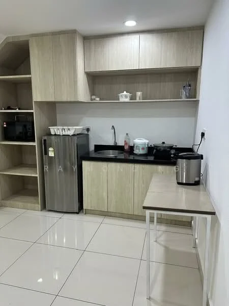 Kitchen features: light wood cabinetry, black countertop, stainless-steel fridge, built-in microwave, electric stove, kettle, rice cooker, table with metal legs, ceramic tile flooring, recessed downlights, open shelving; style: modern.