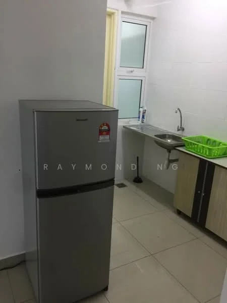 Kitchen features: stainless-steel fridge, single-bowl stainless-steel sink, chrome pull-down faucet, white tiled walls, light grey floor tiles, wood cabinetry, green plastic dish rack, window with white frame; style: modern.