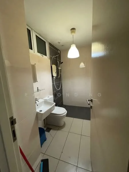 Bathroom features: white tiled walls, grey tiled flooring, single-sink vanity with white cabinet, chrome basin mixer faucet, one-piece toilet, shower with glass enclosure, ceiling light fixture, window for natural light, mirror above sink, towel rail, shower head, soap dispenser; style: modern.