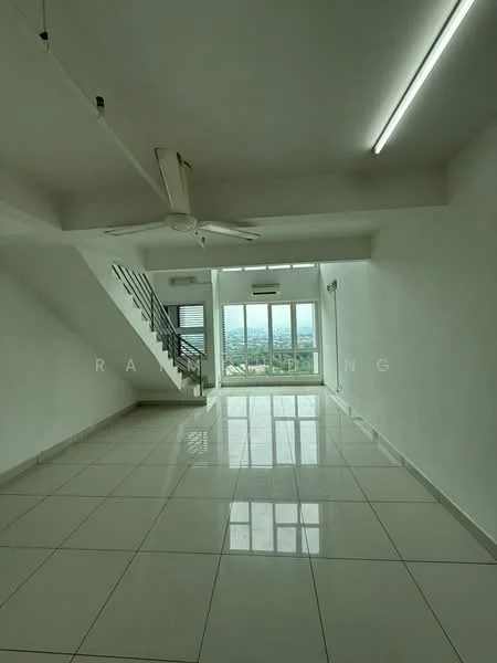 Living features: white painted walls, polished ceramic tile flooring, 5-blade ceiling fan with light, floor-to-ceiling windows, sliding glass door, recessed downlights, open layout, staircase with metal railing; style: modern; view: city.