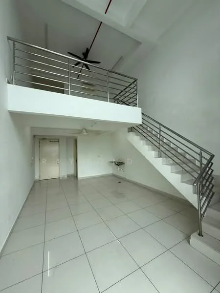 Room features: white painted walls, polished ceramic tile flooring, exposed ceiling with beams, 5-blade ceiling fan, stainless-steel railing on staircase, open staircase, large windows for natural light, doorway leading to another room; style: modern.