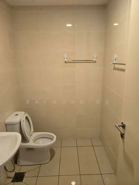 Bathroom features: white ceramic toilet, single-sink vanity with white cabinet, chrome basin mixer faucet, framed mirror, tile flooring, beige wall tiles, towel rack, wall-mounted hooks; style: modern.