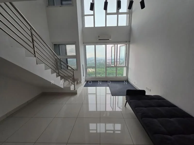 Living features: large floor-to-ceiling windows, white painted walls, grey carpet flooring, recessed LED downlights, modern railing on staircase, black fabric sofa, air conditioning unit, open layout, city view; style: modern; view: city.