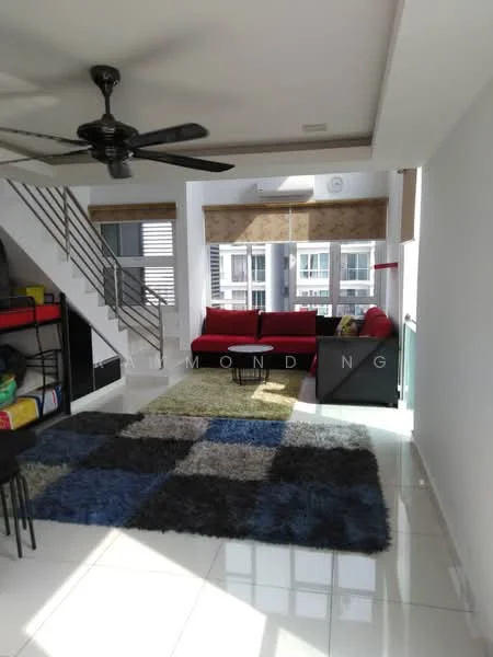 Living features: 3-seater fabric sofa in red, ceiling fan, area rug with geometric pattern, white painted walls, large windows with sheer curtains, tile flooring, open-plan layout, staircase with metal railing; style: modern.