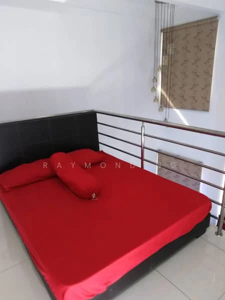 Bedroom features: red bedspread, black bed frame, decorative bolster pillow, white painted walls, glossy tile flooring, window with blinds, metal railing, hanging decorative elements; style: modern.