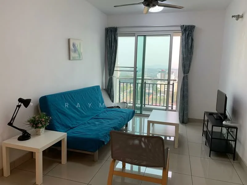 Living features: blue sofa bed, glass coffee table, white side table, black desk lamp, floor-to-ceiling windows, curtains, wall-mounted TV, tiled flooring, ceiling fan; style: modern; view: city.
