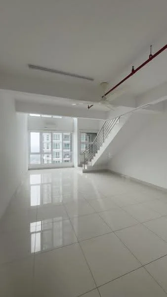 Room features: white painted walls, glossy white tile flooring, large floor-to-ceiling windows, sliding glass door, ceiling fan, exposed ceiling with red piping, open space layout, staircase with metal railing; style: modern; view: city.