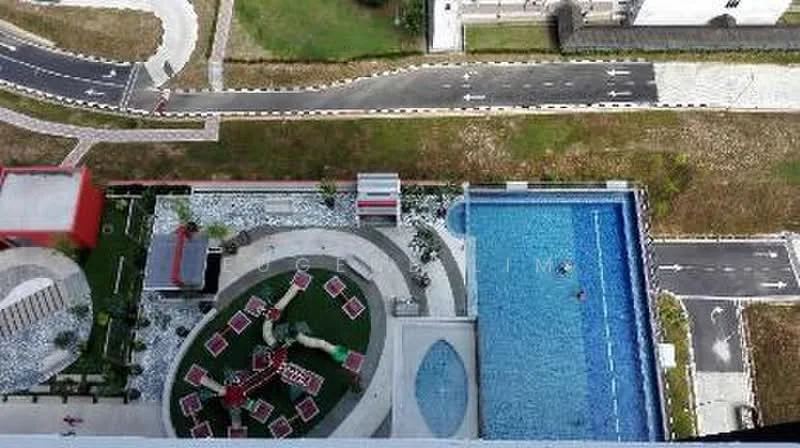 Exterior type: swimming pool deck; features: infinity pool, pool deck with loungers, landscaped garden with grass, children's playground, walking paths, manicured lawn, tropical landscaping, surrounding roadways; style: modern.