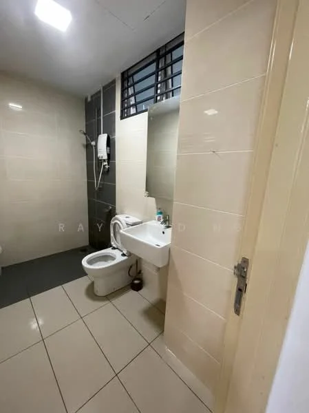 Bathroom features: white tiled walls, grey tiled flooring, single-sink vanity with mirror, toilet, shower head, wall-mounted shower, window for natural light, soap dispenser, toilet paper holder; style: modern.
