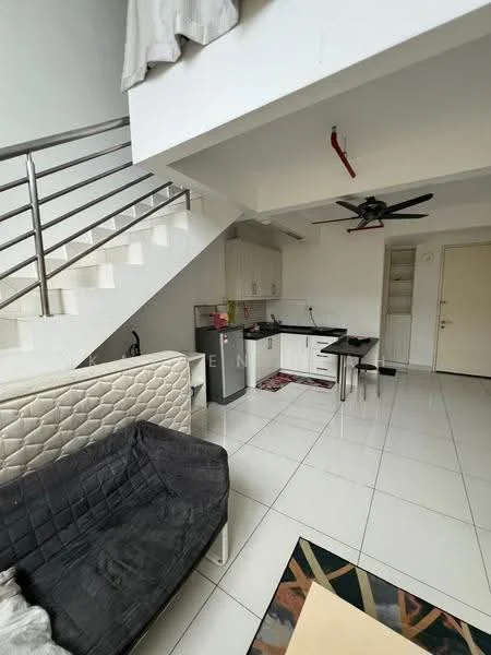 Living features: black fabric sofa, white tiled flooring, ceiling fan with light, refrigerator, kitchen cabinetry in white, black countertop, stainless-steel sink, dining table, staircase, wall-mounted storage, open layout; style: modern.