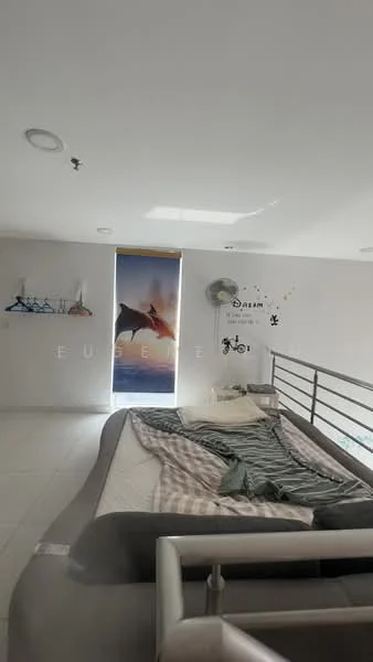 Bedroom features: queen-size bed, bedding with patterned throw, wall-mounted ceiling fan, sliding window with curtain, decorative wall art, white painted walls, tile flooring, metal railing, built-in wardrobe, decorative wall decals; style: modern.