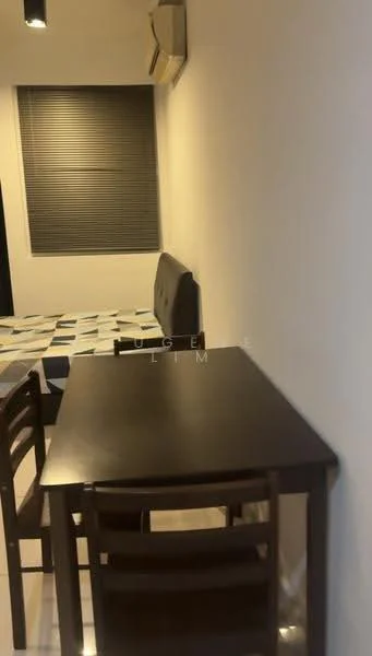 Dining features: dark wood dining table, 4 wooden dining chairs, air conditioning unit on wall, grey upholstered bench, black and white tiled flooring, white painted walls, window with blinds; style: modern.