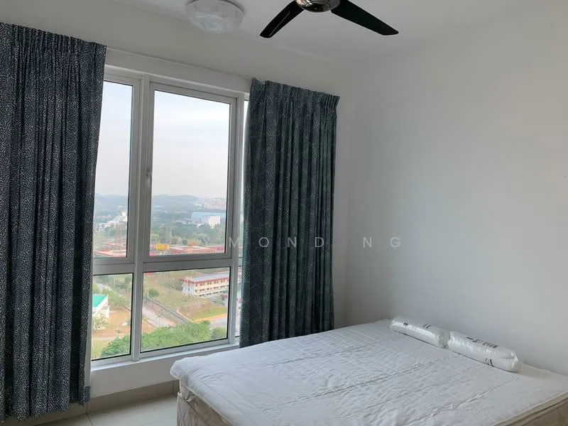 Bedroom features: floor-to-ceiling windows, blue patterned curtains, white painted walls, ceiling fan, queen-size bed, white bed linens, tile flooring, mountain view; style: modern; view: mountain.
