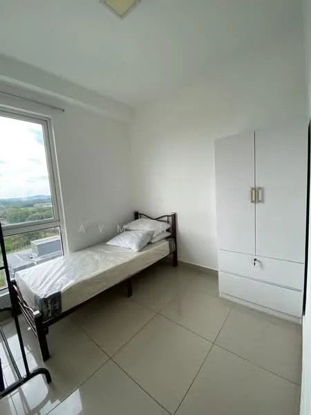 Bedroom features: single bed, white bedding, white wardrobe with two doors, large window with view, white painted walls, glossy tile flooring, ceiling light fixture, minimalist decor; style: modern; view: city.
