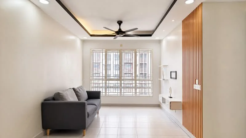 Living features: grey fabric sofa, ceiling fan with light, white painted walls, recessed lighting, tile flooring, large windows with grid pattern, wooden feature wall, decorative shelf, wall-mounted frame; style: modern.