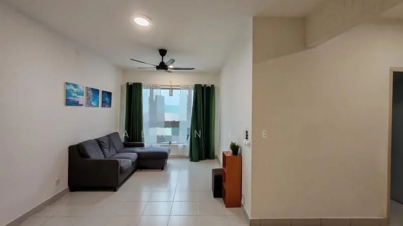 Living features: 3-seater fabric sofa in grey, ceiling fan, floor-to-ceiling windows, green curtains, white painted walls, tile flooring, wooden console table, decorative plant, artwork on wall; style: modern; view: city.