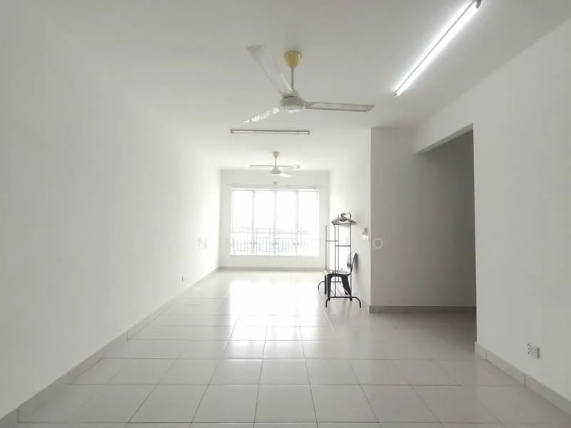 Living features: white painted walls, ceramic tile flooring, 5-blade ceiling fan with light, 2 ceiling fans, large floor-to-ceiling windows, natural light, open layout, neutral color scheme; style: modern; view: city.