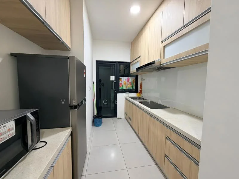 Kitchen features: light wood cabinetry, white countertop, stainless-steel fridge, built-in microwave, ceramic tile flooring, white backsplash, recessed downlights, open shelving, single-bowl stainless-steel sink, chrome pull-down faucet; style: modern.