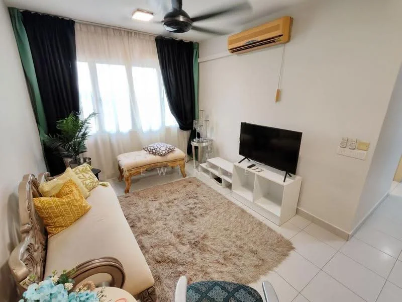 Living features: 3-seater sofa with decorative cushions, area rug with neutral tones, wall-mounted TV, TV console in white, ceiling fan, large windows with sheer and blackout curtains, decorative plant, wooden accent chair, light-colored walls, air conditioning unit; style: modern.