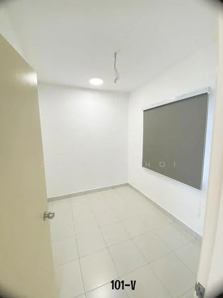 Room features: white painted walls, grey roller blind, tile flooring, ceiling light, single door, corner room.