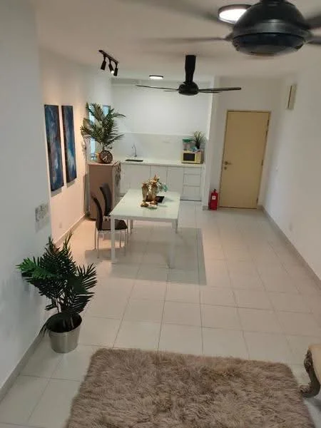 Dining features: white dining table, 4 dining chairs, pendant light, 5-blade ceiling fan, cream tiled flooring, white painted walls, decorative wall art, indoor plant in pot, fire extinguisher, kitchen visible in background; style: modern.