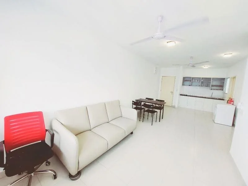 Living features: light grey fabric sofa, black dining table with four chairs, white walls, ceiling fan, tile flooring, open layout to kitchen, refrigerator, kitchen cabinets in background; style: modern.