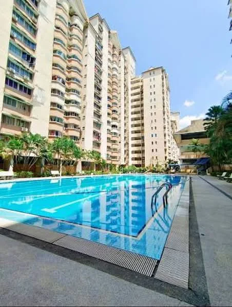 Exterior type: high-rise condominium; features: infinity pool, pool deck with loungers, surrounded by palm trees, multiple high-rise buildings, glass curtain wall, manicured landscaping, outdoor seating area, sunny sky, paved walkway; style: modern.