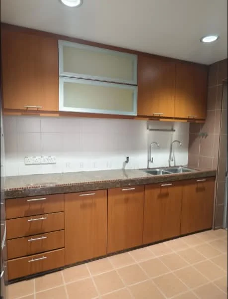 Kitchen features: brown wooden cabinetry, granite countertop, double-bowl stainless-steel sink, chrome pull-down faucet, white tiled backsplash, built-in oven, 4-burner gas hob, under-cabinet lighting, tile flooring, recessed downlights; style: modern.