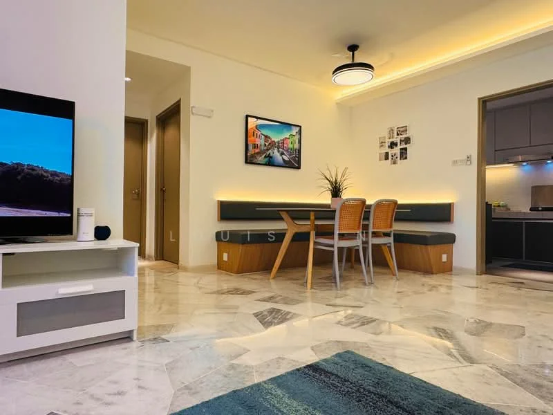 Dining features: marble tile flooring, recessed downlights, wall-mounted artwork, wooden dining table with bench seating, grey wall with backlighting, floor-to-ceiling windows, decorative plant in ceramic pot, TV console with flat-screen TV; style: modern. Room features: cream painted walls, light wood cabinetry, kitchen appliances visible in background.