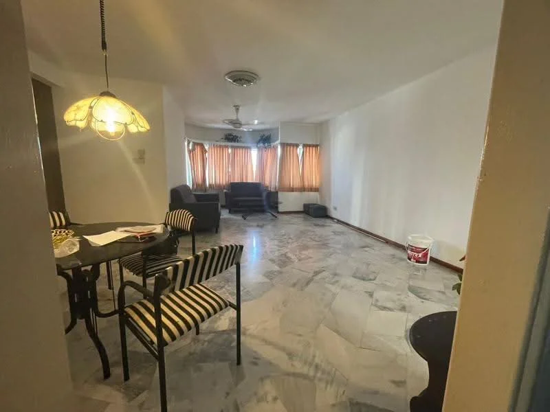 Living features: marble flooring, white painted walls, ceiling fan, chandelier, large windows with sheer curtains, black armchair, black and white striped dining chairs, round dining table, decorative wall, corner table; style: modern.
