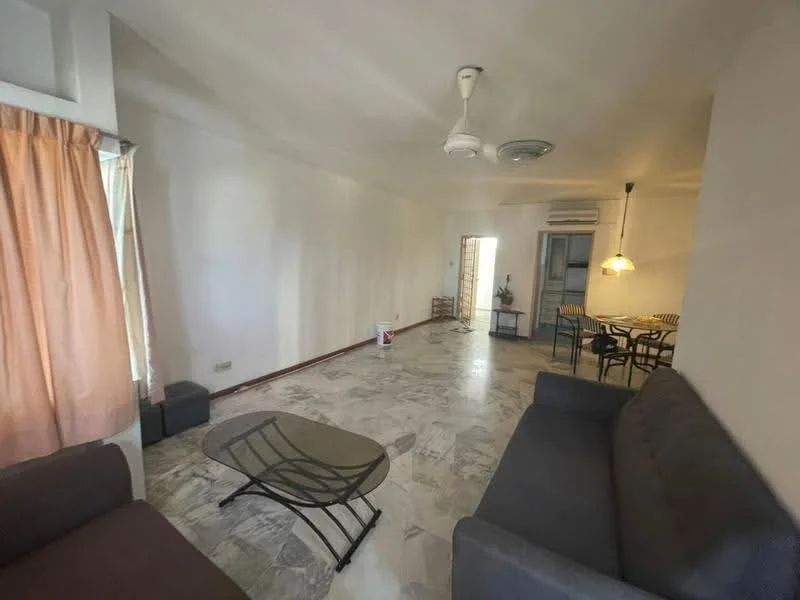 Living features: marble flooring, white painted walls, 5-blade ceiling fan with light, sofa in grey fabric, glass coffee table, curtains in orange, dining area visible in background, floor-to-ceiling windows, light fixture with pendant lamp; style: modern.