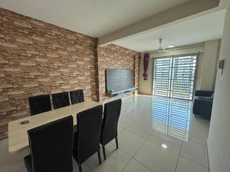 Living features: grey tiled flooring, feature wall with stone cladding, floor-to-ceiling windows, sliding glass door, ceiling fan, wall-mounted TV, TV console, black leather sofa, dining table with 6 black upholstered chairs, natural light from windows, decorative wall light; style: modern; view: city.
