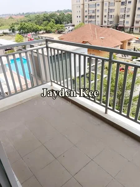 Balcony features: grey tiled flooring, metal railing, view of swimming pool, view of landscaped garden, attached to living room; view: pool.