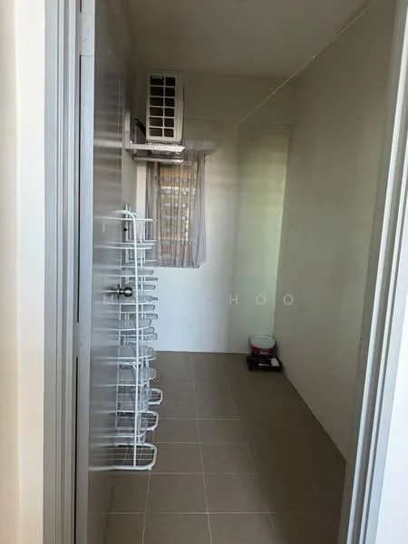 Laundry features: wall-mounted split AC, tiled flooring, white painted walls, window with sheer curtains, metal shelving unit, toilet bowl, small stool, light fixture.