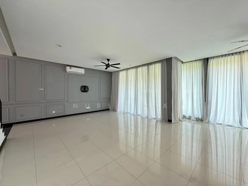 Living features: white painted walls with crown moulding, polished ceramic tile flooring, 5-blade ceiling fan with light, floor-to-ceiling windows, sheer curtains, wall-mounted split AC, decorative wall paneling, natural light from windows; style: modern.