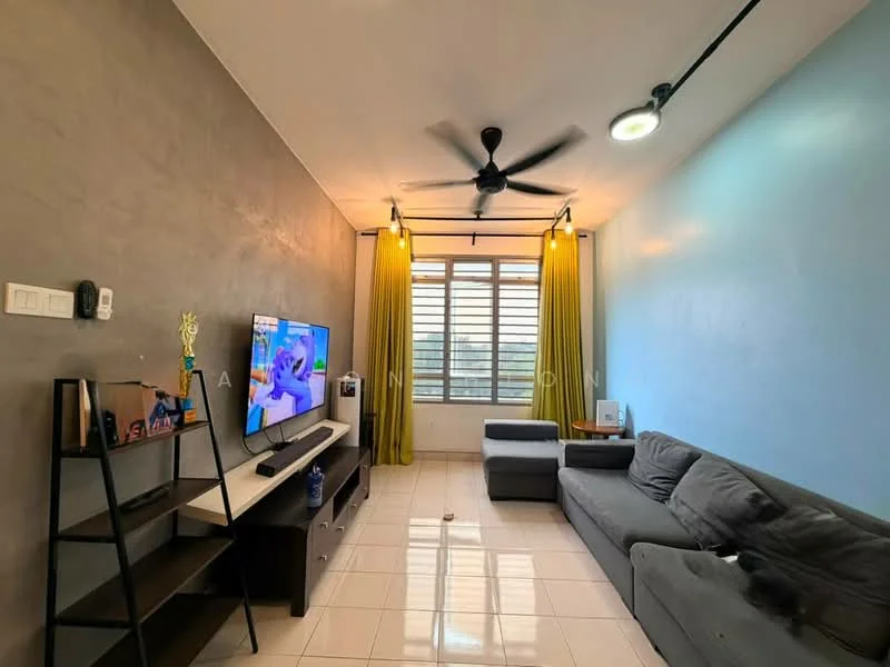 Living features: grey accent wall, light blue painted wall, white tiled flooring, 5-blade ceiling fan with light, sofa in grey, TV console, wall-mounted TV, black shelving unit, curtains in yellow, floor-to-ceiling windows; style: modern; view: city.