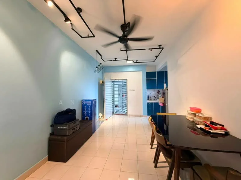 Room features: blue painted walls, white tiled flooring, 5-blade ceiling fan, track lighting, dining table with chairs, open space layout, sliding glass door, kitchen cabinetry, countertop, storage box, decorative items on table; style: modern.