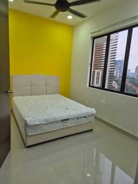 Bedroom features: queen-size bed, upholstered headboard, yellow accent wall, white painted walls, floor-to-ceiling windows, city view, ceiling fan, glossy tile flooring; style: modern; view: city.