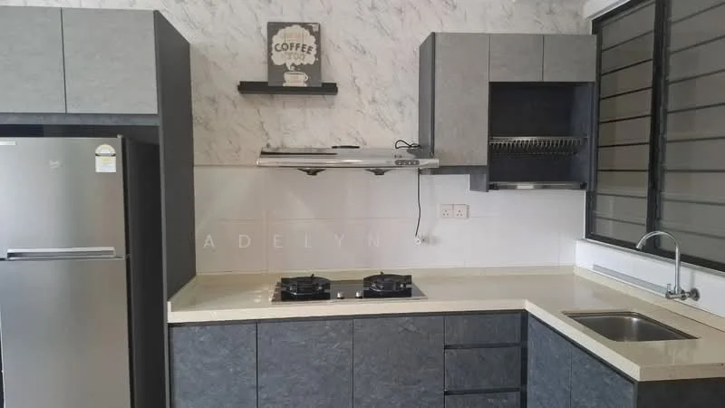 Kitchen features: grey cabinetry, marble backsplash, light-colored countertop, stainless-steel fridge, built-in gas hob with 2 burners, stainless-steel sink, chrome pull-down faucet, exhaust hood, open shelving, wall-mounted storage, window with grill, tile flooring; style: modern.