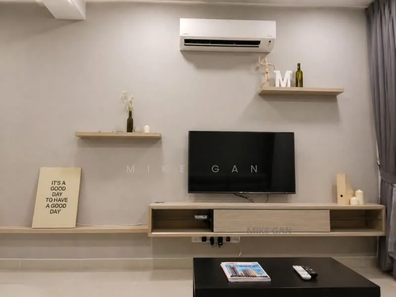Living features: light grey painted walls, white ceiling, floor-to-ceiling window with grey curtains, wall-mounted TV, wooden TV console, floating shelves, decorative vases, framed artwork, air conditioning unit, ceramic tile flooring, decorative candles; style: modern.