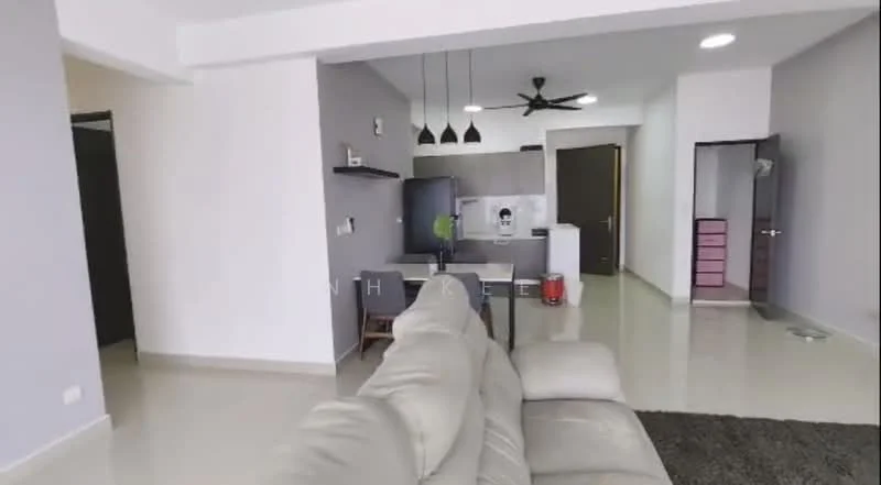 Living features: light grey painted walls, cream tiled flooring, 5-blade ceiling fan with light, sofa in light beige, area rug in dark color, wall-mounted TV, open-plan layout to kitchen, dining table with chairs, decorative wall art, recessed downlights; style: modern. Kitchen features: white cabinetry, stainless-steel fridge, built-in oven, 4-burner gas hob, black countertop, kitchen island, pendant lighting above island; style: modern.