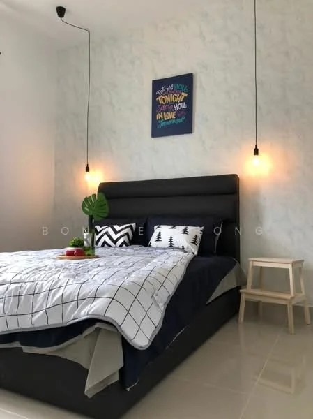 Bedroom features: king-size bed with upholstered headboard, grey bedding with geometric pattern, white walls with light blue accent wall, two pendant lights, decorative wall art, bedside table in natural wood, green plant in ceramic pot, black and white decorative pillows, tile flooring; style: modern.