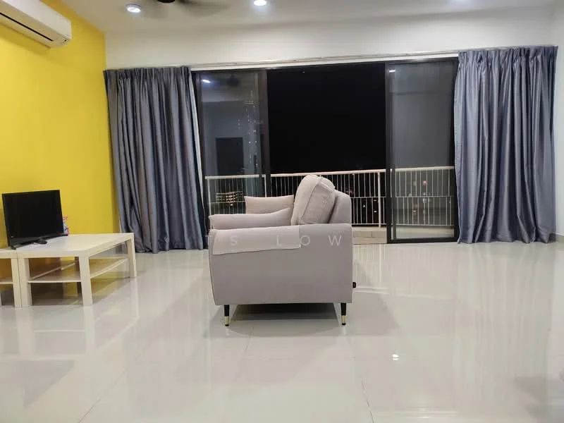 Living features: grey fabric armchair, white coffee table, black flat-screen TV, floor-to-ceiling sliding glass door, grey curtains, yellow accent wall, polished ceramic tile flooring, recessed downlights, wall-mounted air conditioning unit; style: modern.