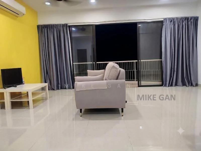 Living features: grey fabric armchair, white coffee table, black flat-screen TV, floor-to-ceiling sliding glass door, curtains in dark grey, yellow accent wall, polished tile flooring, recessed downlights, wall-mounted air conditioning unit; style: modern.