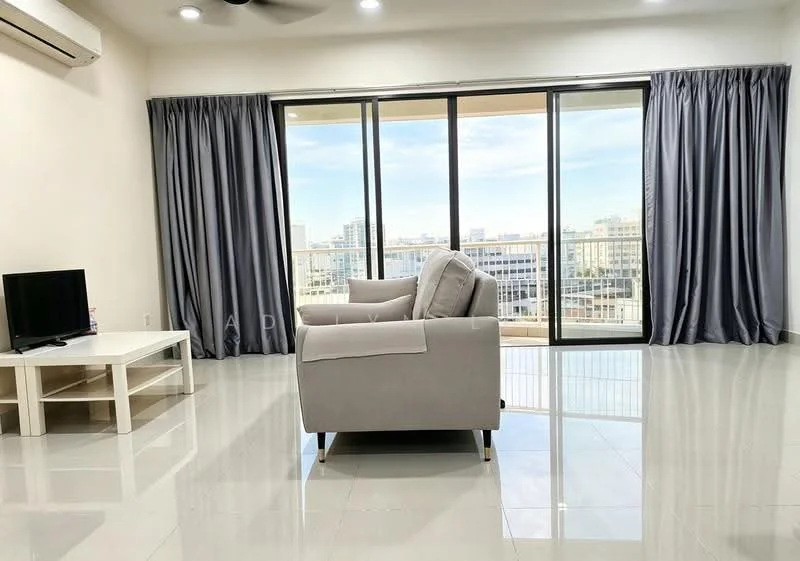 Living features: large floor-to-ceiling windows, grey curtains, white walls, polished tile flooring, 3-seater fabric sofa in light grey, white coffee table, wall-mounted TV, ceiling fan with light, open layout, city view; style: modern; view: city.