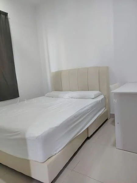 Bedroom features: queen-size bed, upholstered headboard, white bedding, white walls, light-colored flooring, blackout curtains, nightstand, built-in wardrobe; style: modern.