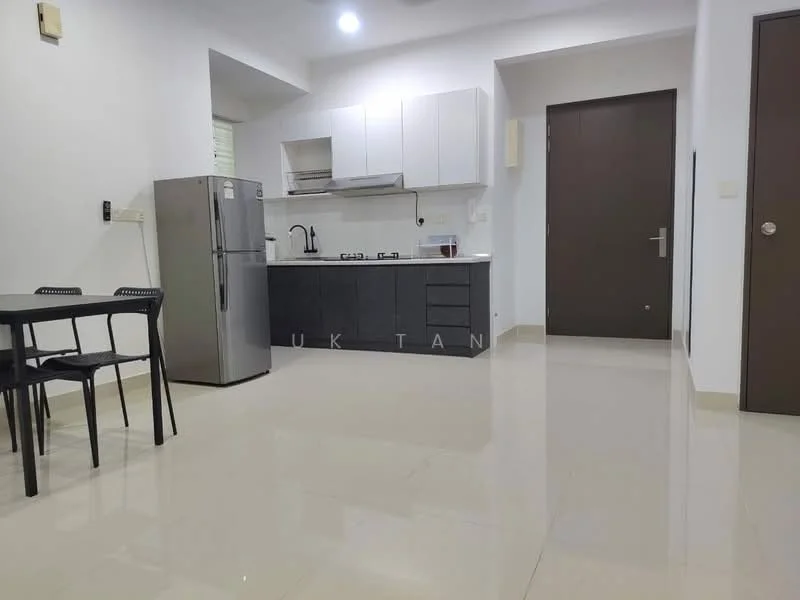 Kitchen features: grey cabinetry, white countertop, stainless-steel fridge, built-in gas stove, exhaust hood, single-bowl stainless-steel sink, white tiled backsplash, ceramic tile flooring, recessed downlights, window with blinds; style: modern. Dining features: black dining table, 2 black chairs; style: modern.